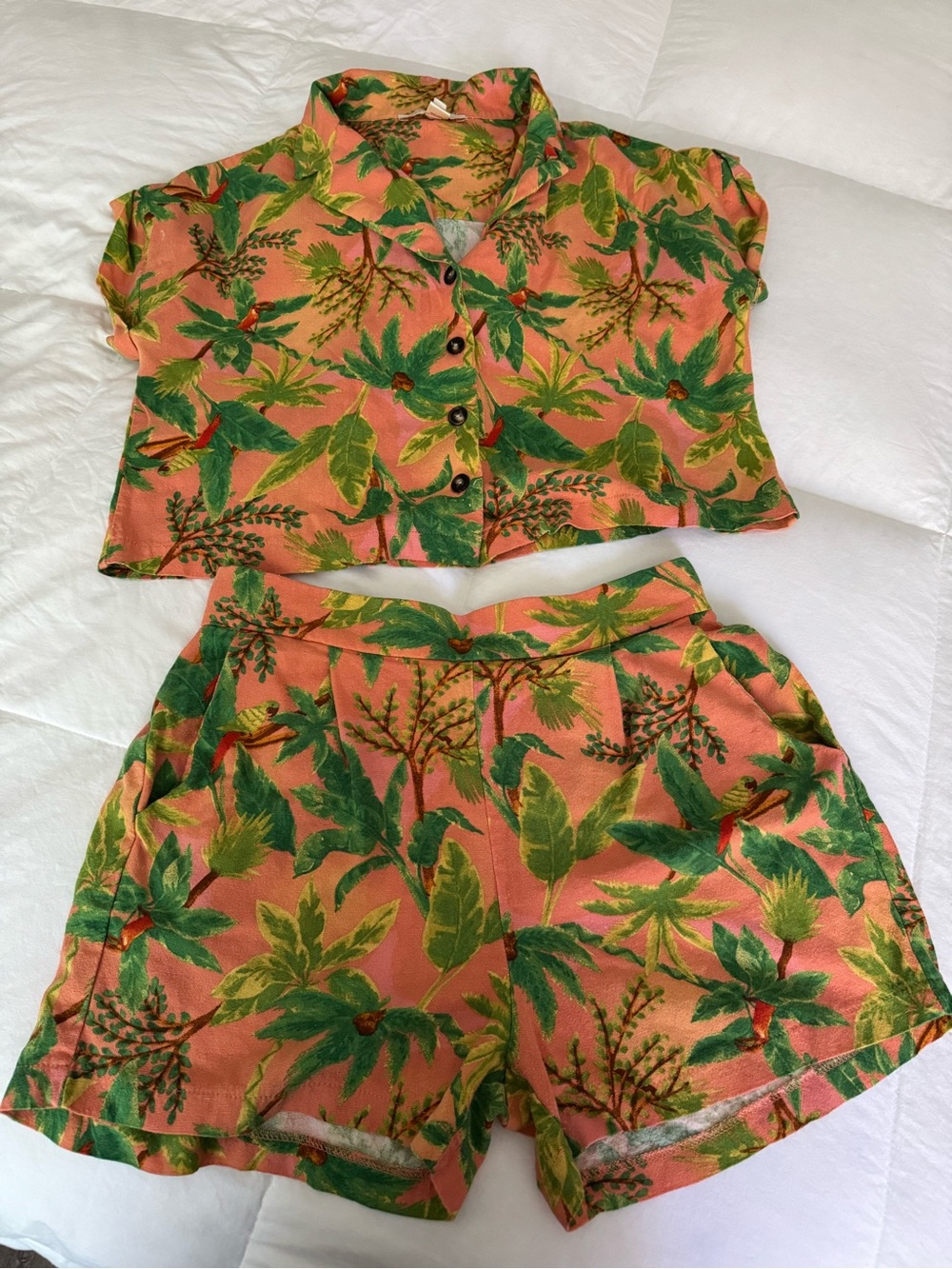 Monteau Coral and Green Tropical Crop Top & Shorts Set